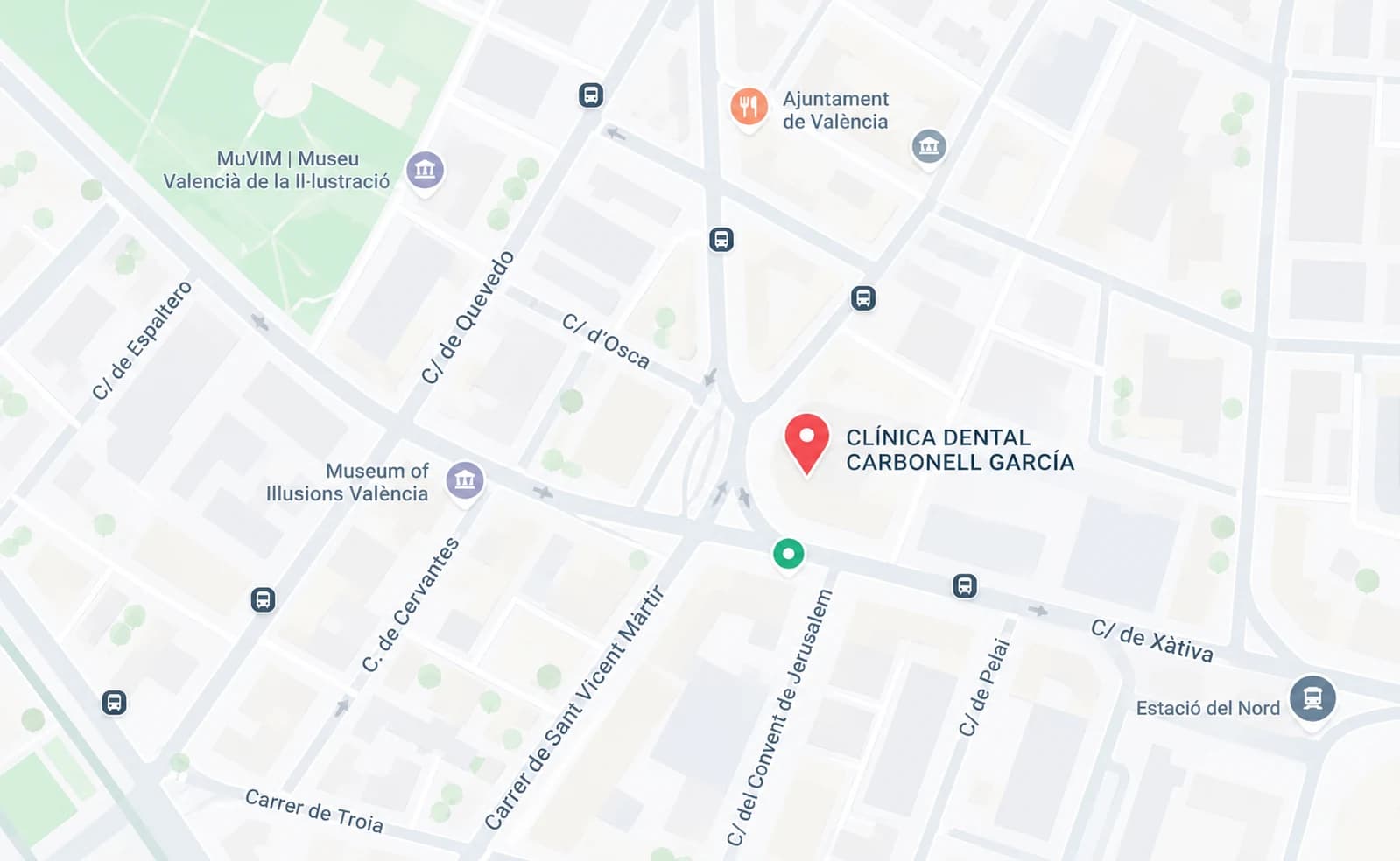 Mapa de ubicación de Clínica Dental Carbonell García en el centro de València, junto a la calle de Xàtiva y la Estació del Nord